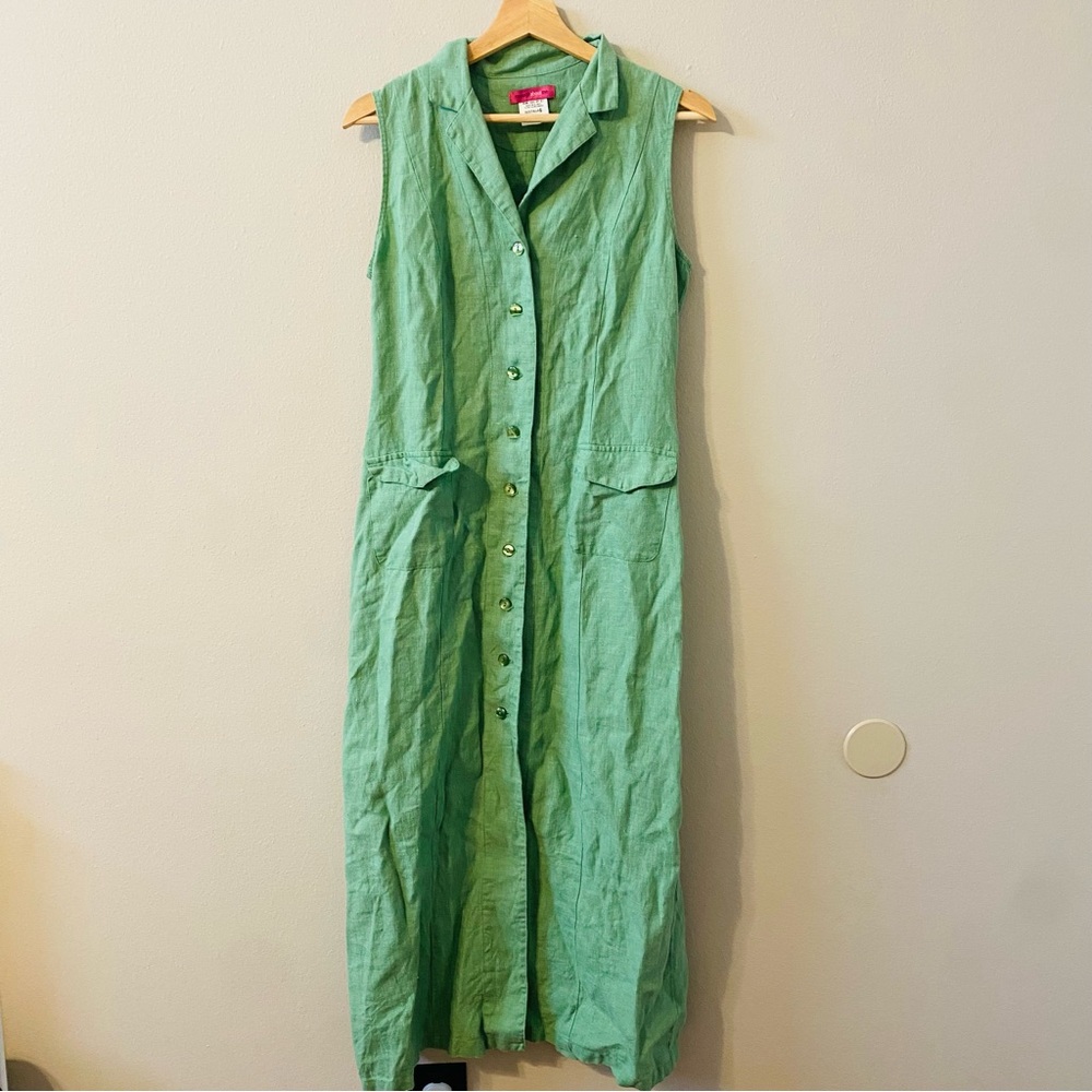 enough about me 100% Linen Jade Green Button Down Sleeveless Midi Dress Size 6